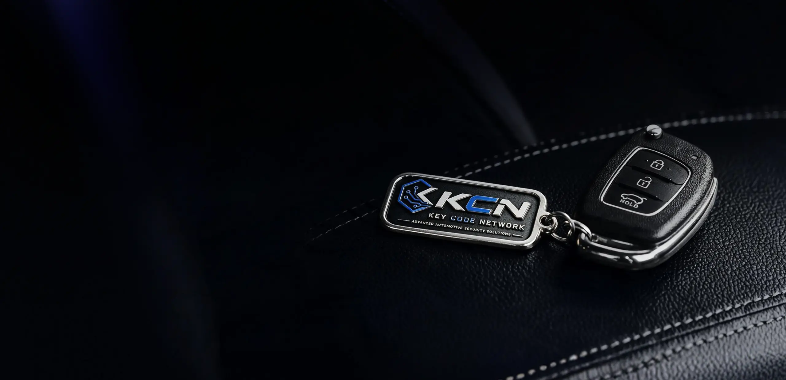 Automotive locksmith key fob on leather car seat interior